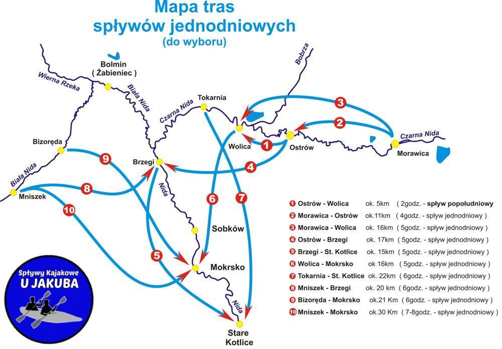 Mapa tras spływów jednodniowych po Nidzie
